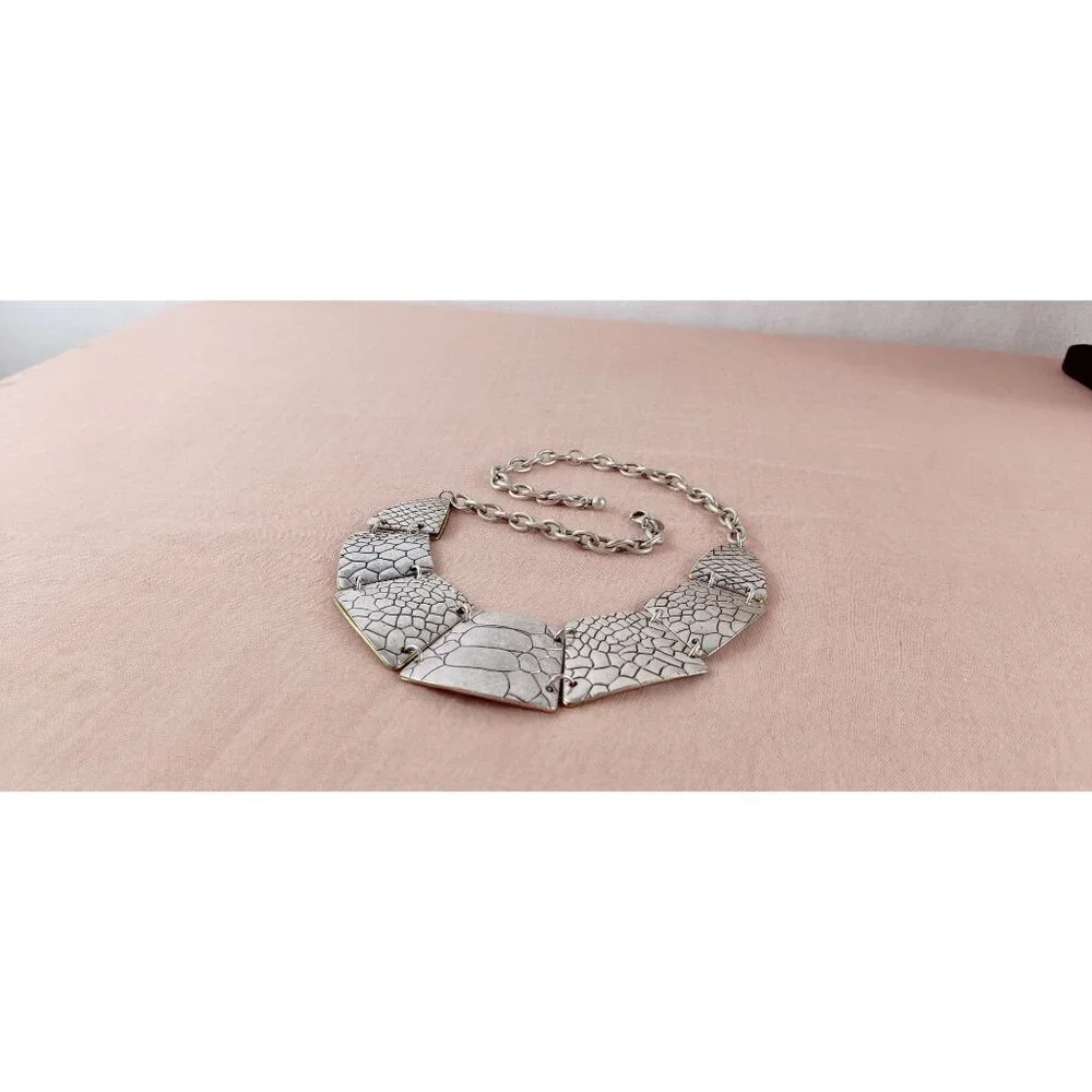Premier Designs Silver Coker Necklace Exotic Reptile Emprint Tribal Double Sided